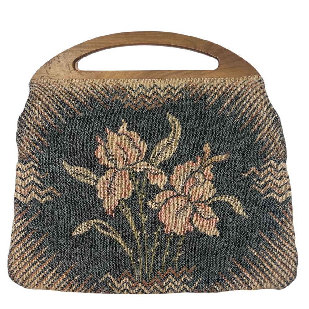 Vintage Floral Tapestry Handbag with Wooden Handles Mid Century Needlepoint - Picture 2 of 13